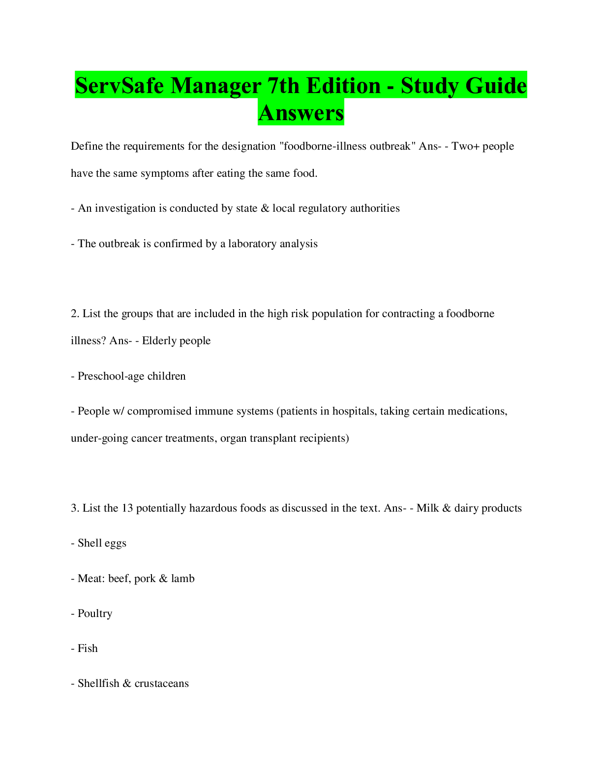 Preview image for ServSafe Manager 7th Edition - Study Guide  Answer